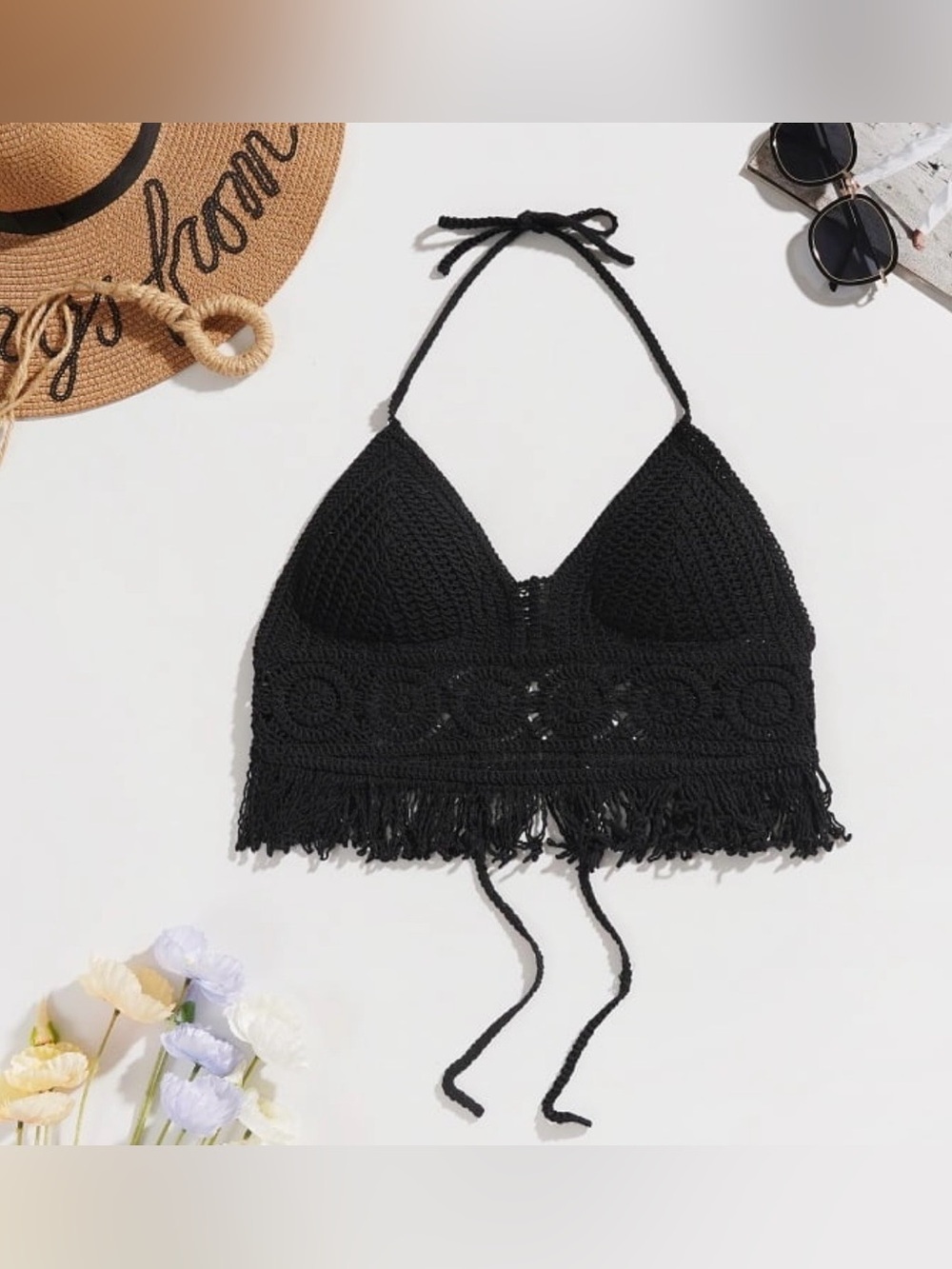 Black Crochet Halter Bikini Top with Fringe Trim